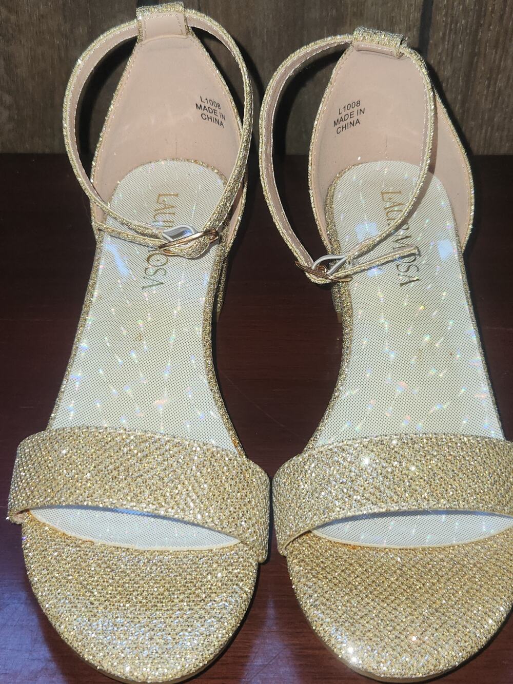 Laurmosa Gold Glitter Block Heel Ankle Strap Sandals Women's Size 4